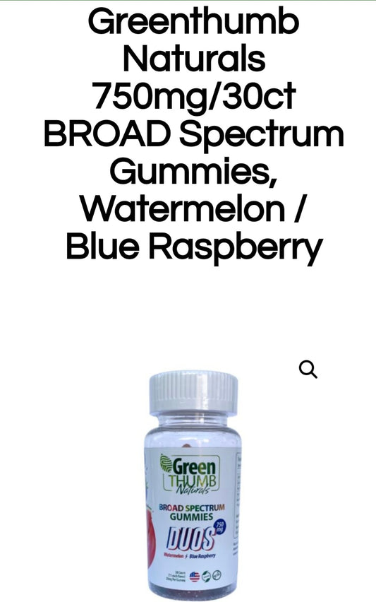 Greenthumb Naturals 750mg/30ct BROAD Spectrum Gummies, Watermelon / Blue Raspberry